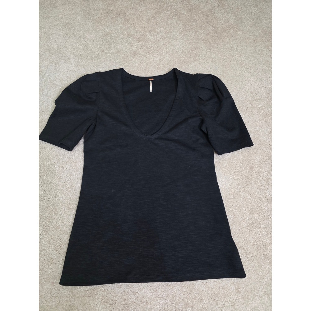 Free People Black Puff Sleeve Deep V-Neck Slub Knit Top Size Medium